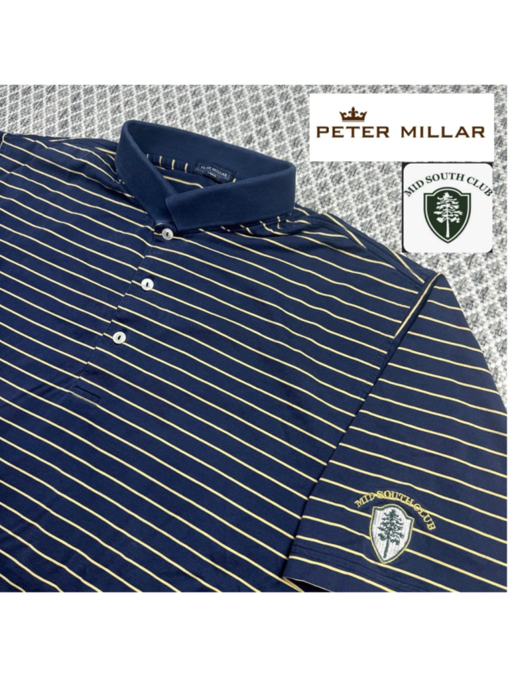 Mid South Club Peter Millar Mens L Navy Stripe Cotton Golf Polo Made Korea
